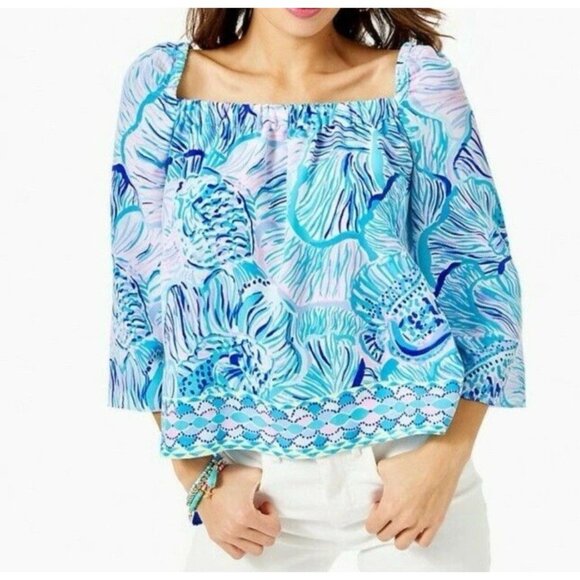 Lilly Pulitzer Lizzie Top Fishful Thinking Bermuda Blue Sz M Beach Resort Cruise - Picture 1 of 11